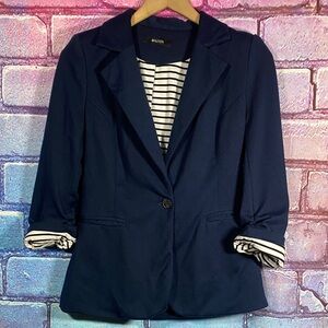 41 Hawthorn Women’s Navy Blazer Ruched Sleeve Striped Lining Small Medium